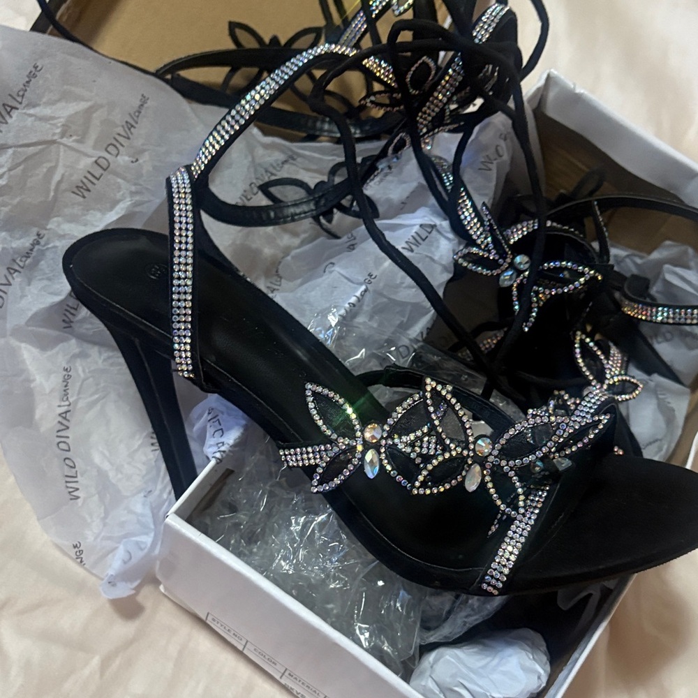 Wild Diva Black Rhinestone Strappy Heels
